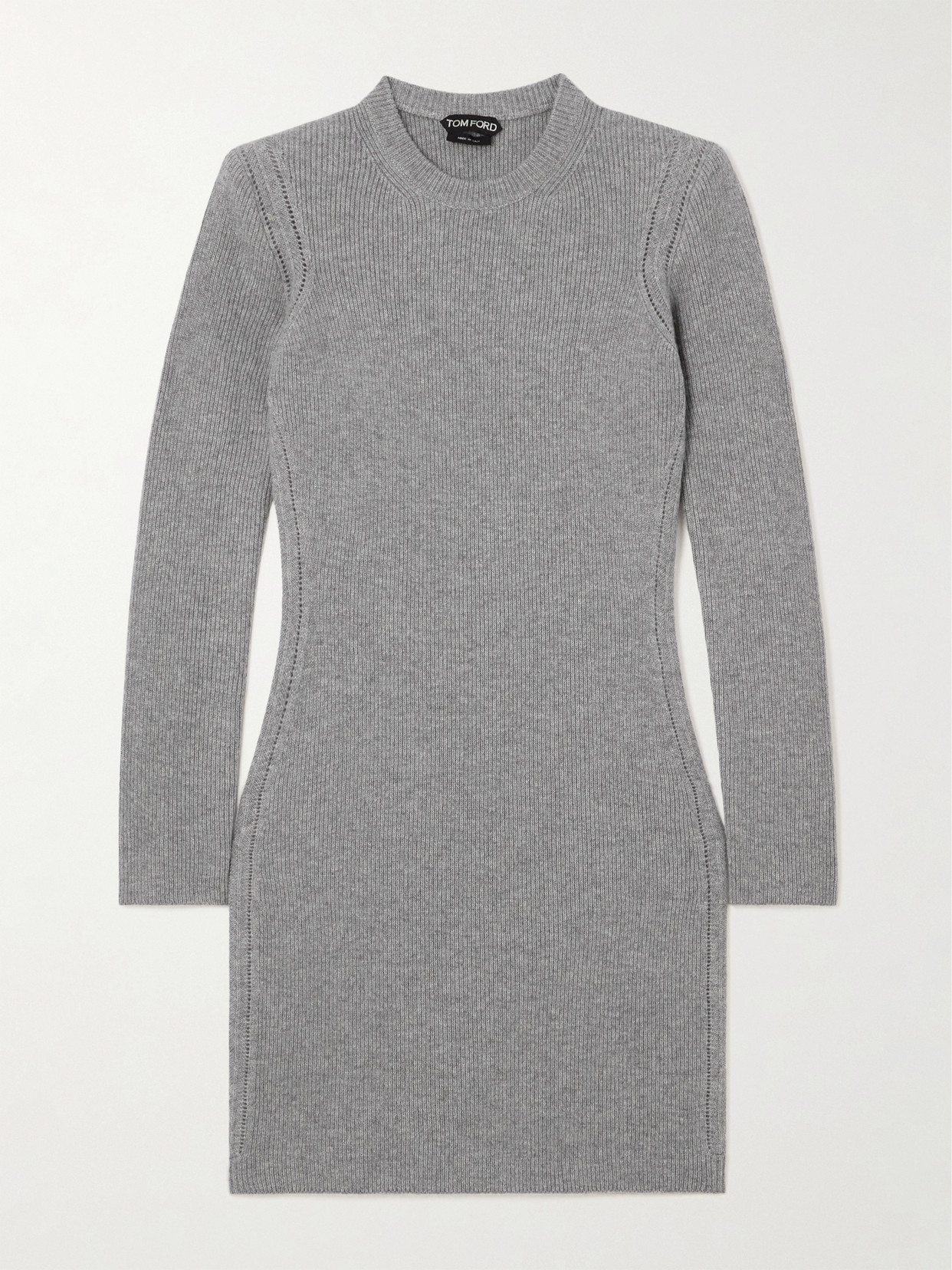 Tom Ford Pointelle-trimmed Ribbed Cashmere Mini Dress In Gray