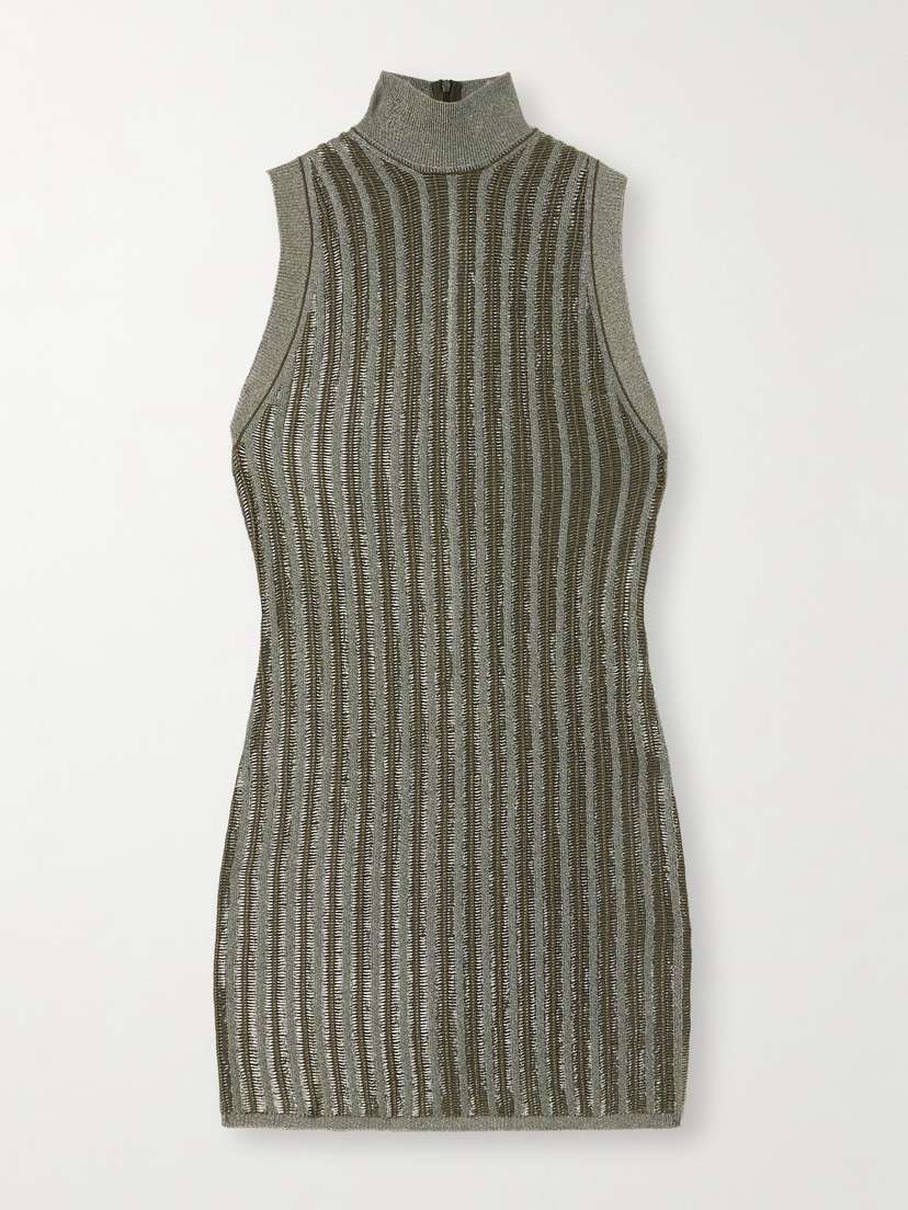 Tom Ford Striped Ribbed Metallic Wool-blend Turtleneck Mini Dress