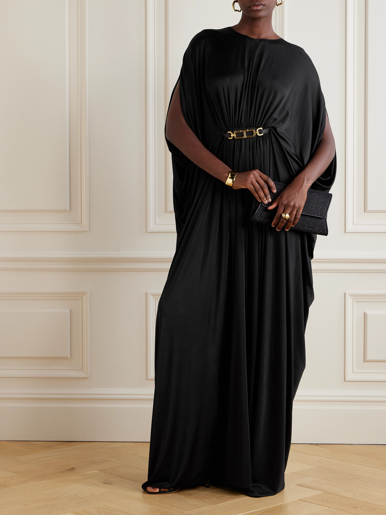 Tom Ford Belted Gathered Satin-jersey Gown In Black