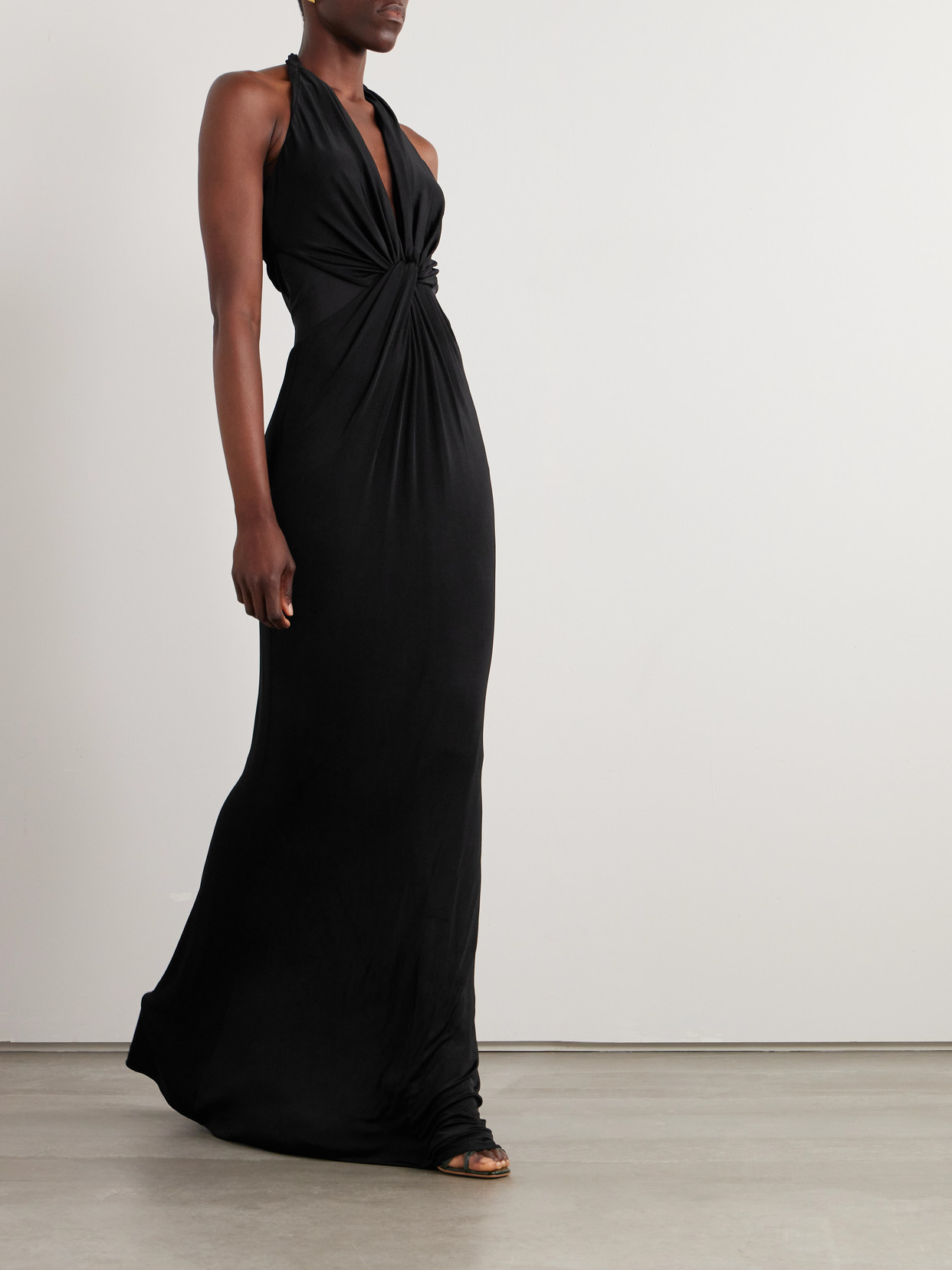 Tom Ford Twist-front Chiffon-trimmed Jersey Gown In Black