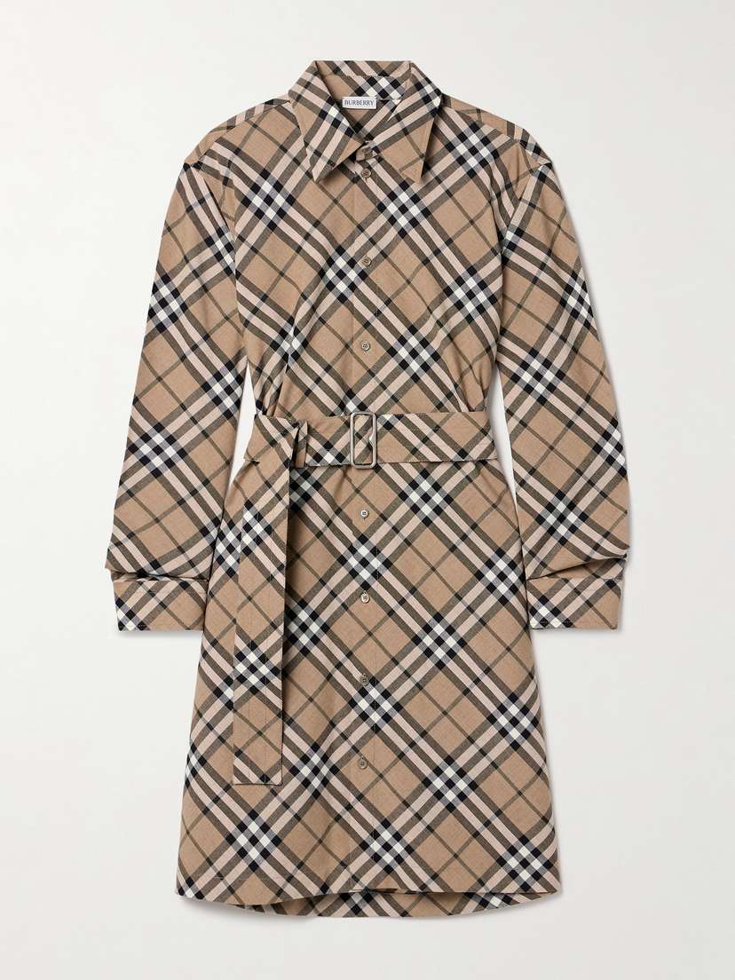 Burberry Belted Checked Woven Mini Shirt Dress