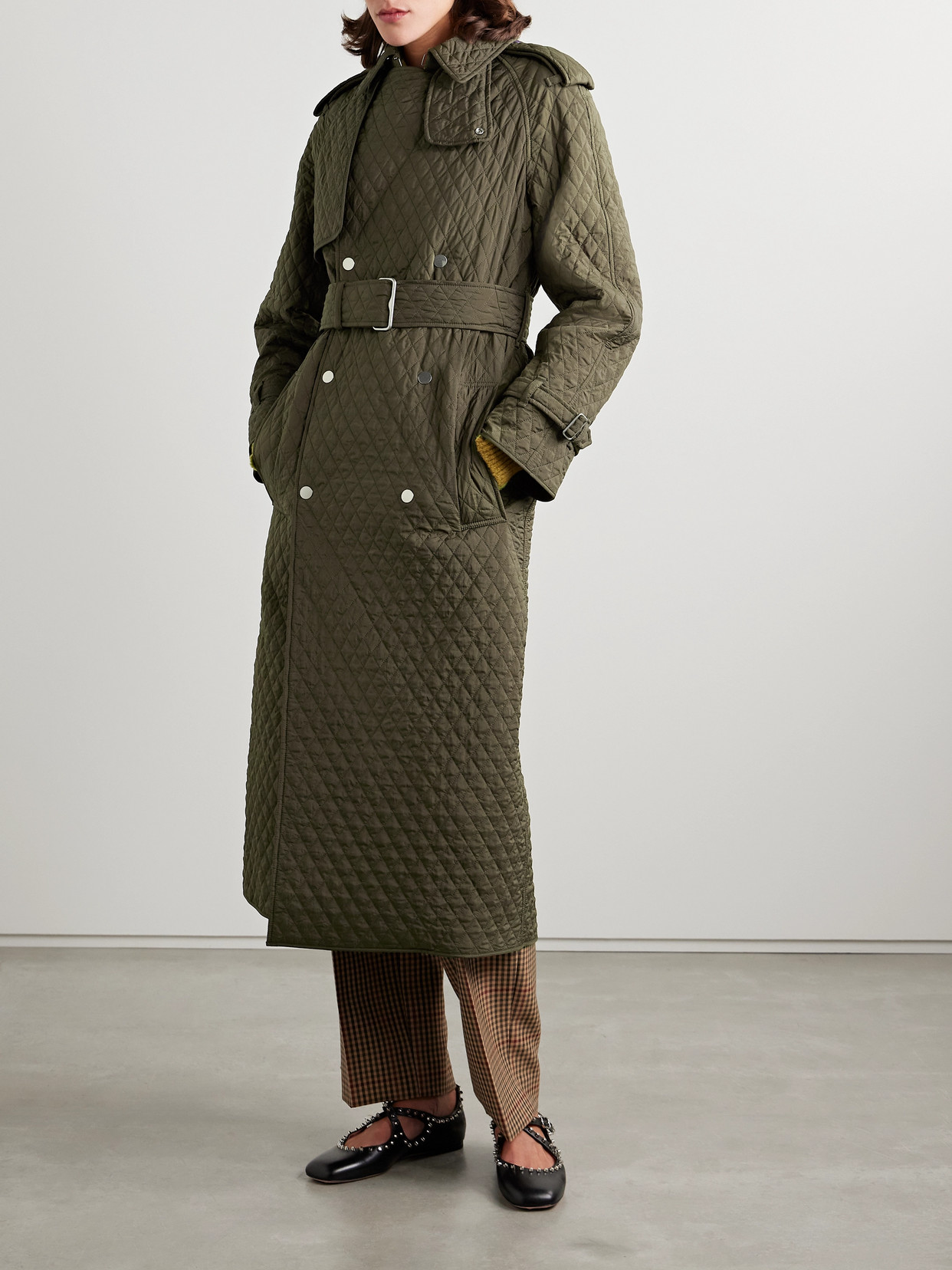 Burberry Belted Double-breasted Quilted Padded Shell Trench Coat In Green
