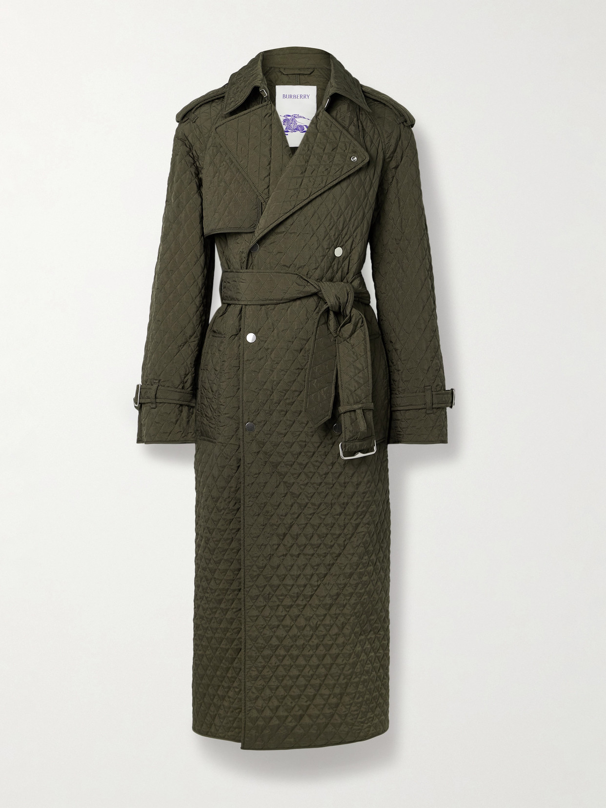 Burberry Belted Double-breasted Quilted Padded Shell Trench Coat In Green