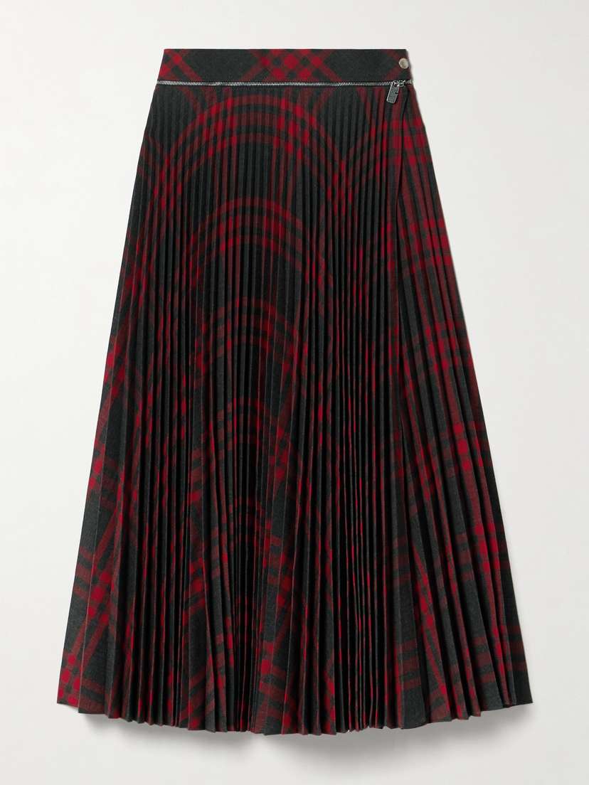 Burberry Checked Pleated Woven Midi Wrap Skirt