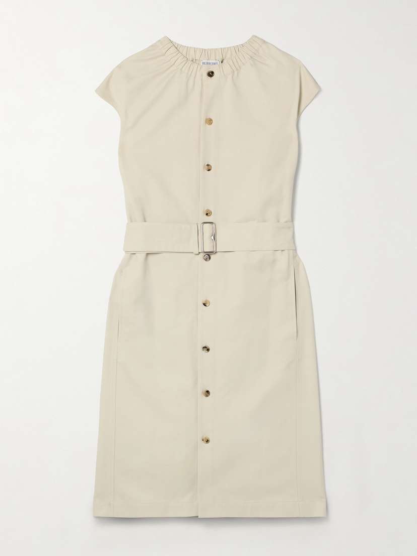 Burberry Belted Gathered Cotton-blend Gabardine Midi Dress