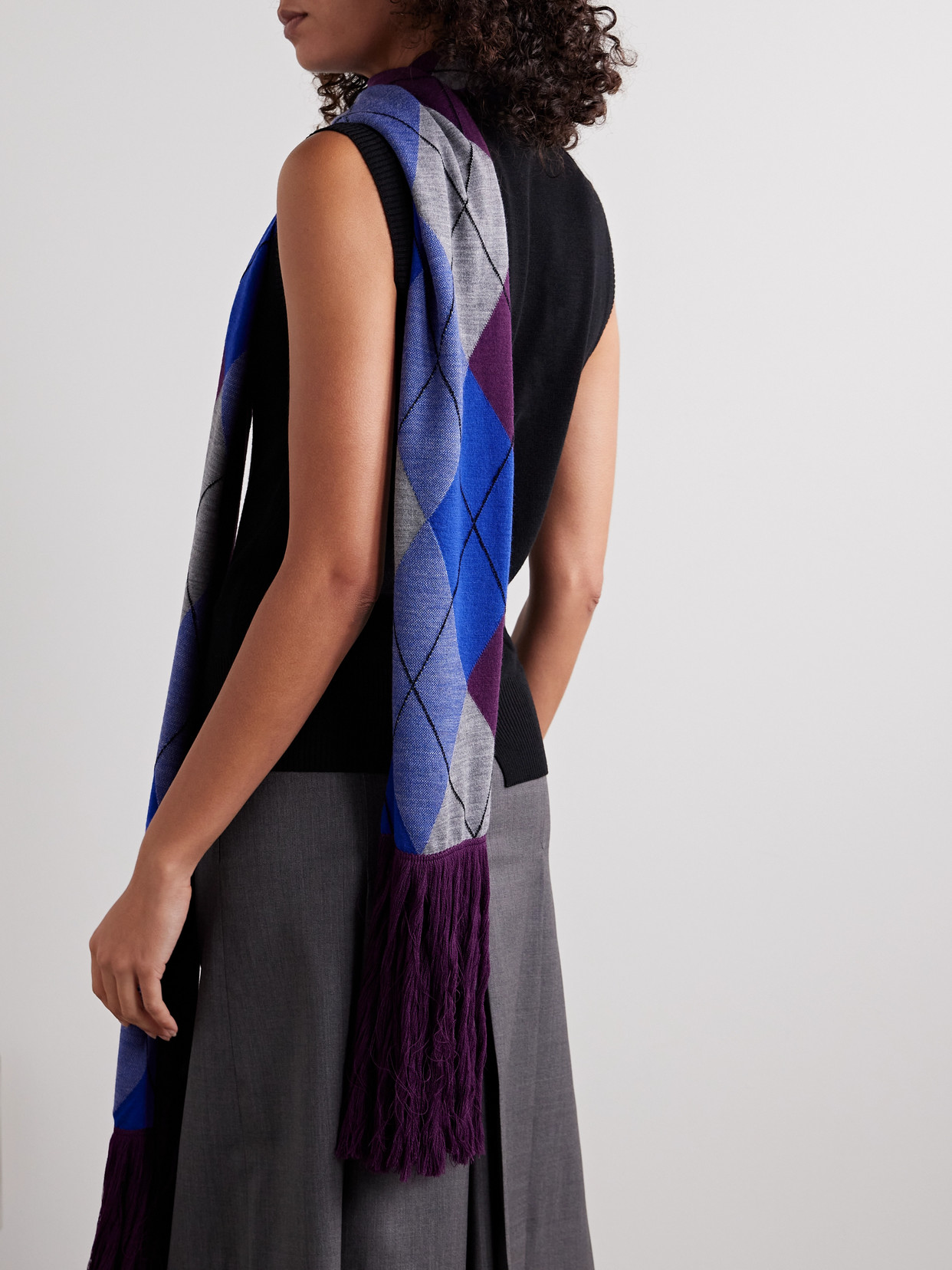 Burberry Fringed Argyle Scarf-detailed Wool Top In Multi