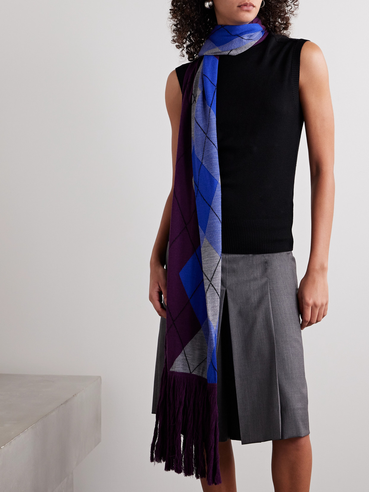 Burberry Fringed Argyle Scarf-detailed Wool Top In Multi