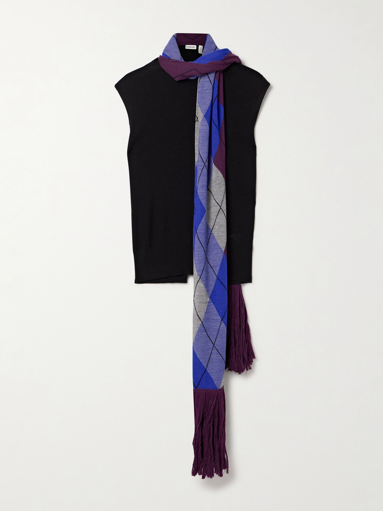 Burberry Fringed Argyle Scarf-detailed Wool Top In Multi