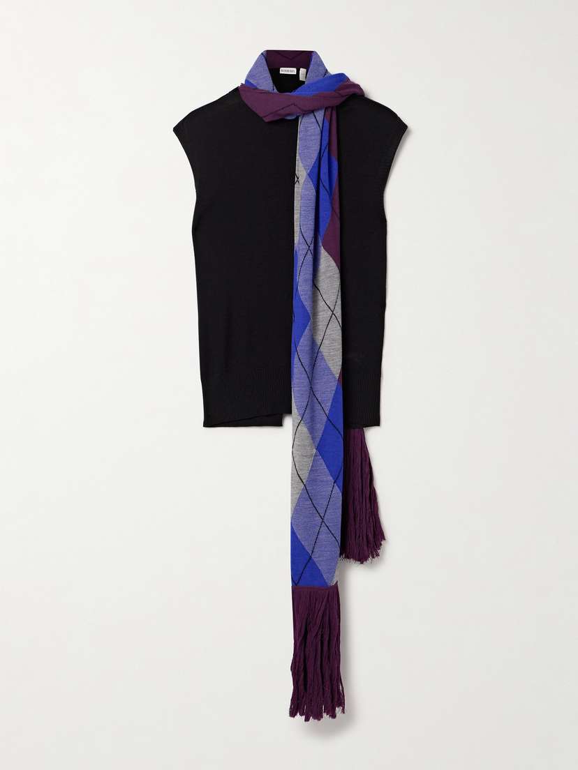 Burberry Fringed Argyle Scarf-detailed Wool Top