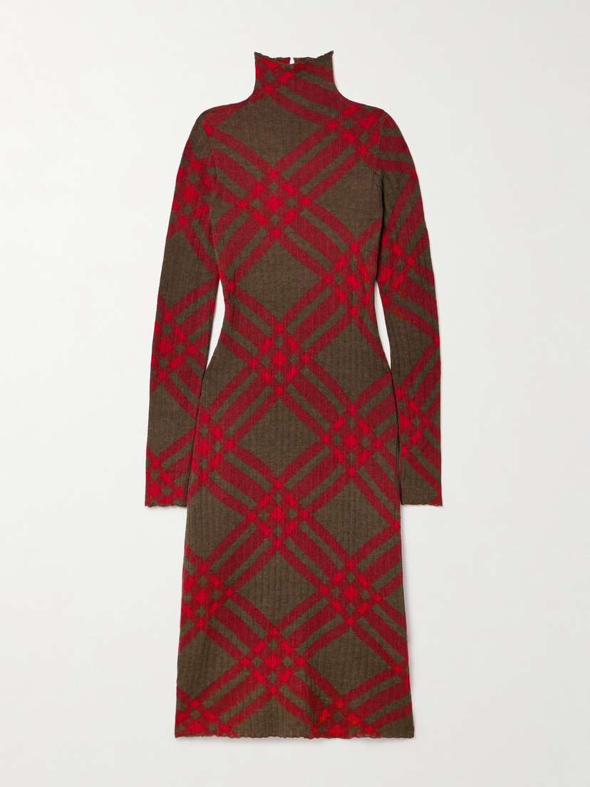 Burberry Checked Ribbed-knit Turtleneck Midi Dress
