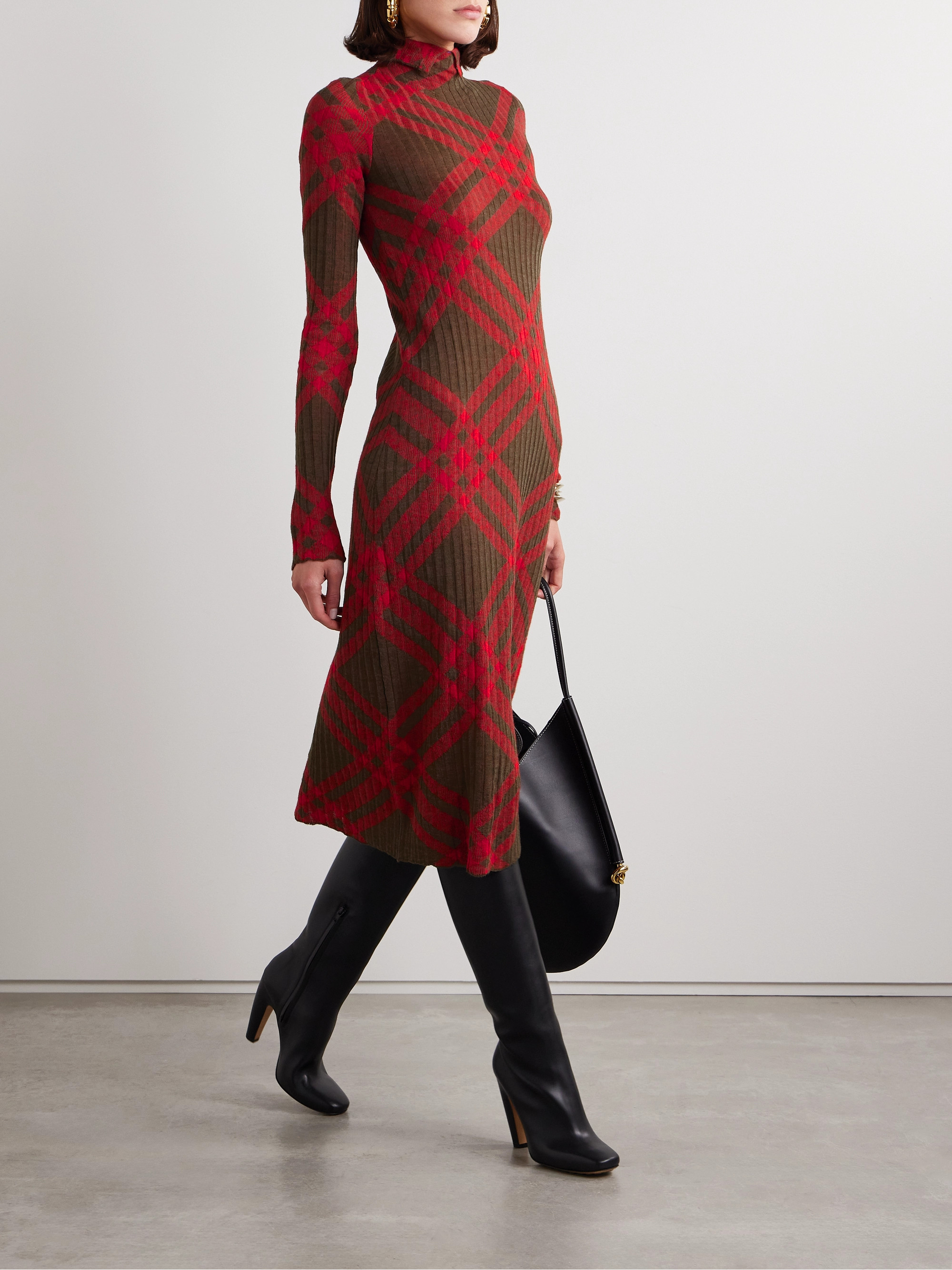 Burberry Checked ribbed-knit turtleneck midi dress