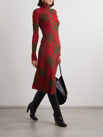 Burberry Checked ribbed-knit turtleneck midi dress