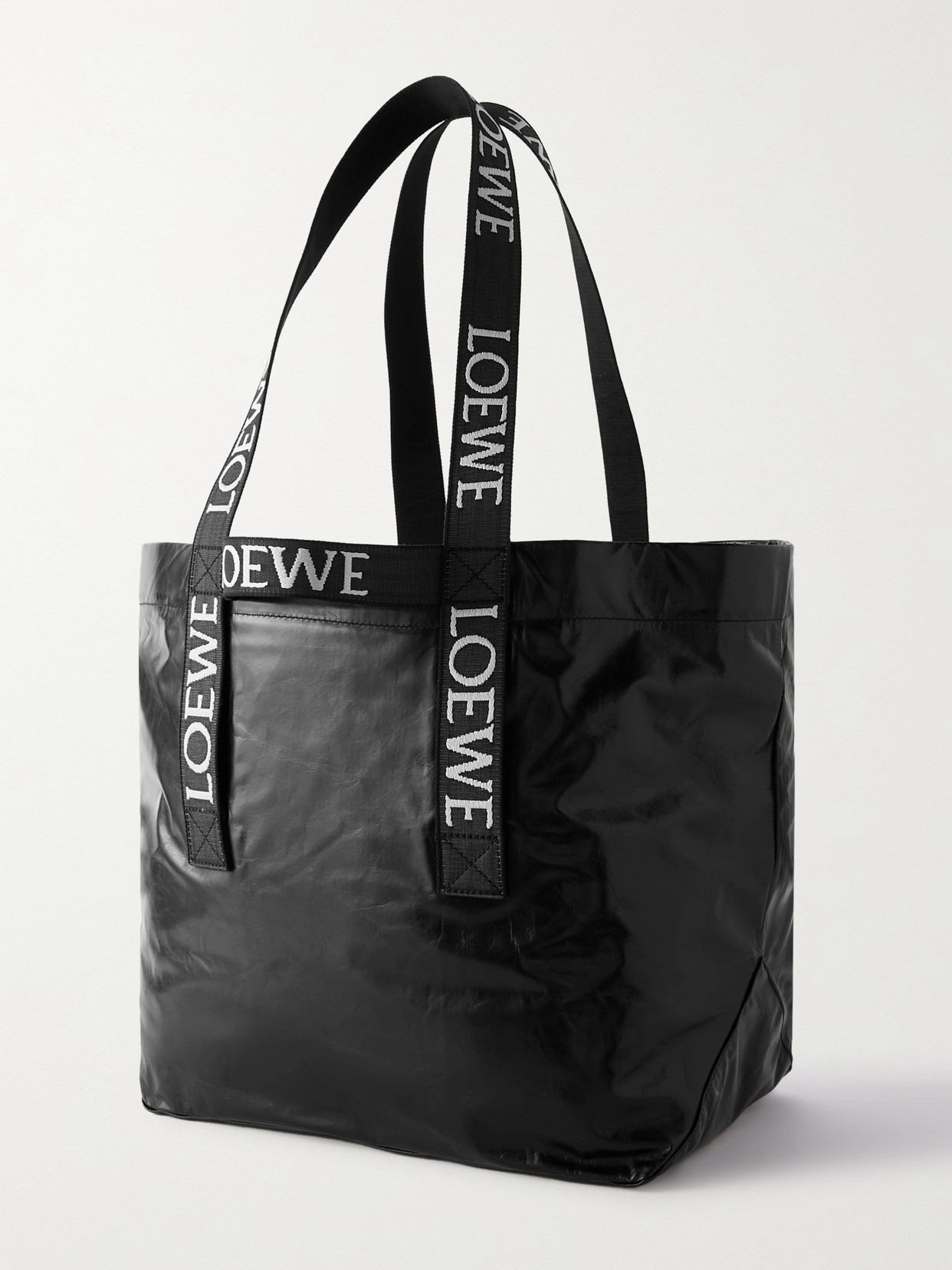 Shop Loewe Fold Large Webbing-trimmed Leather Tote In Black