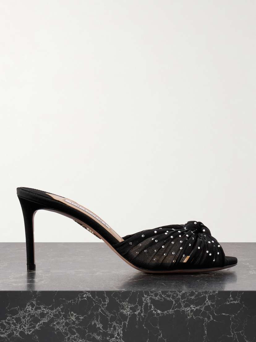 Aquazzura Slow Kisses 75 Crystal-embellished Knotted Silk-satin And Chiffon Mules
