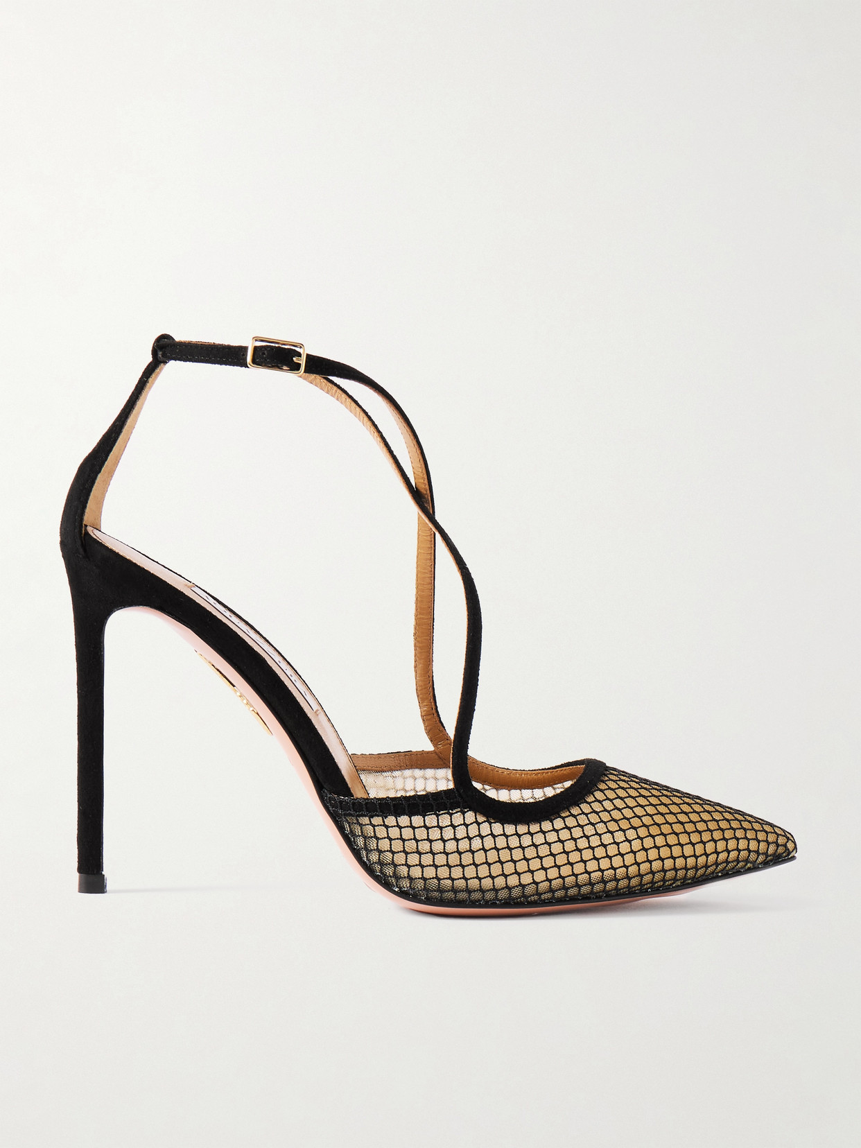 AQUAZZURA WICKED 105 GROSGRAIN-TRIMMED SUEDE AND MESH PUMPS