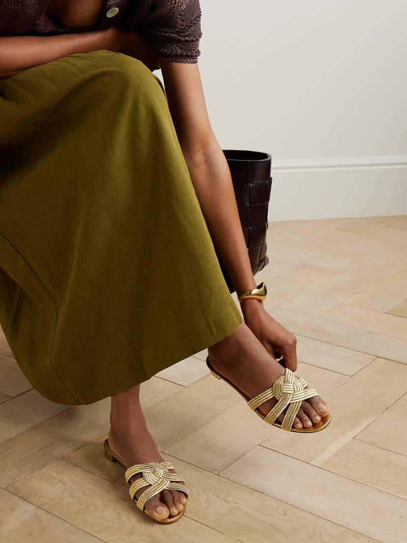 Aquazzura | Gold | Felix Cutout Metallic Leather Slides_ | $375