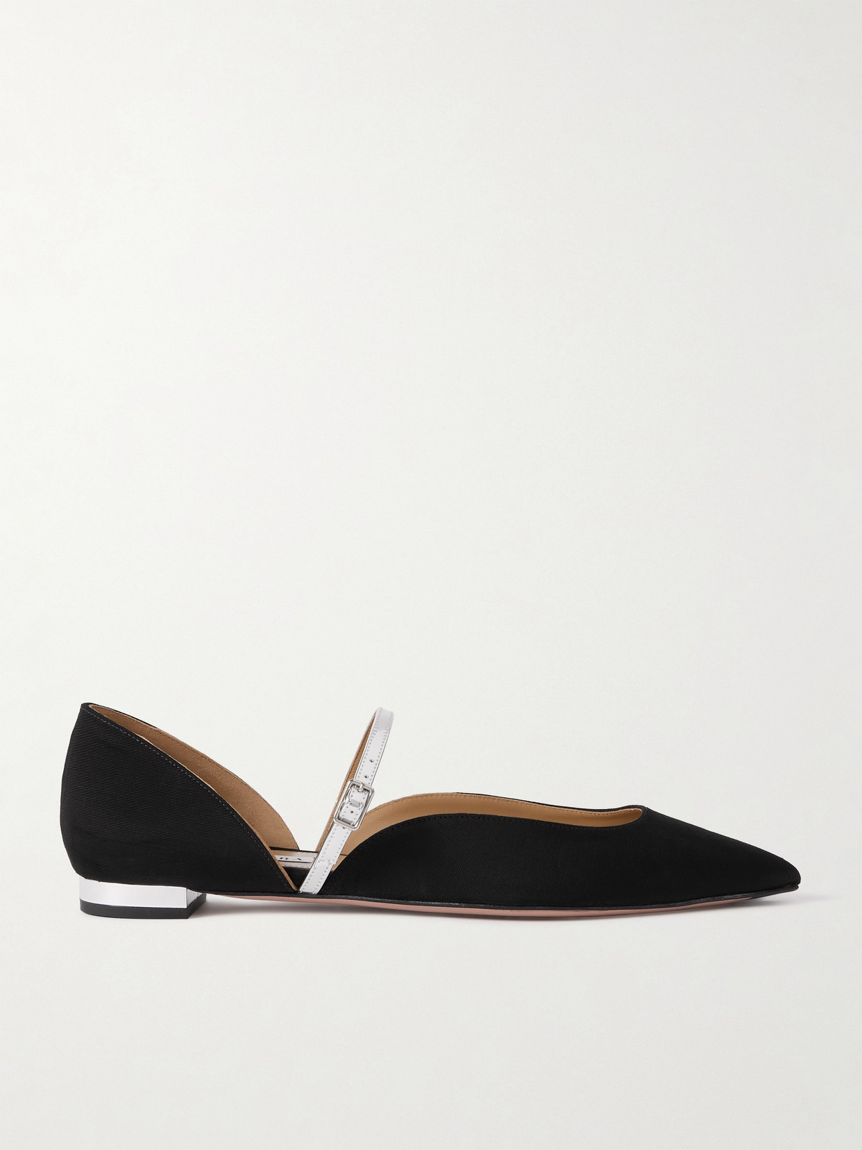Aquazzura Bellezza Metallic Faux Leather-trimmed Grosgrain Flats In Black