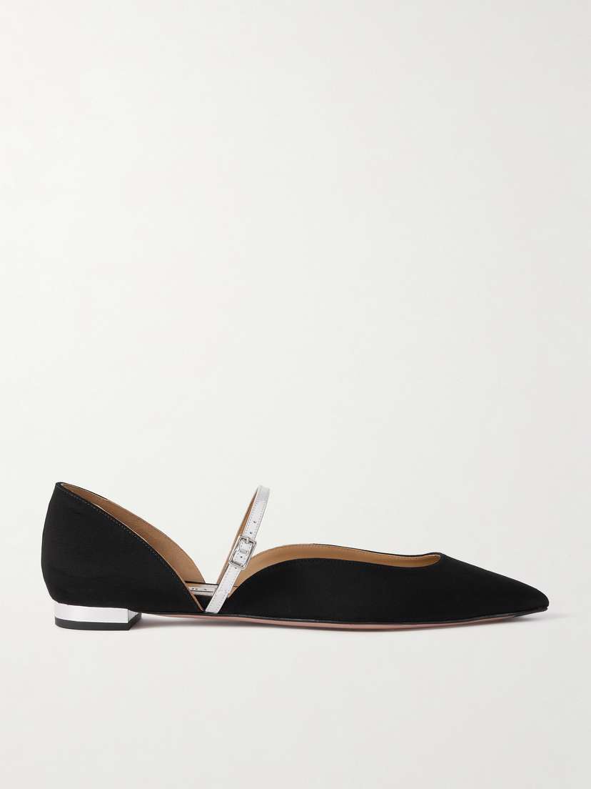 Aquazzura Bellezza Metallic Faux Leather-trimmed Grosgrain Flats