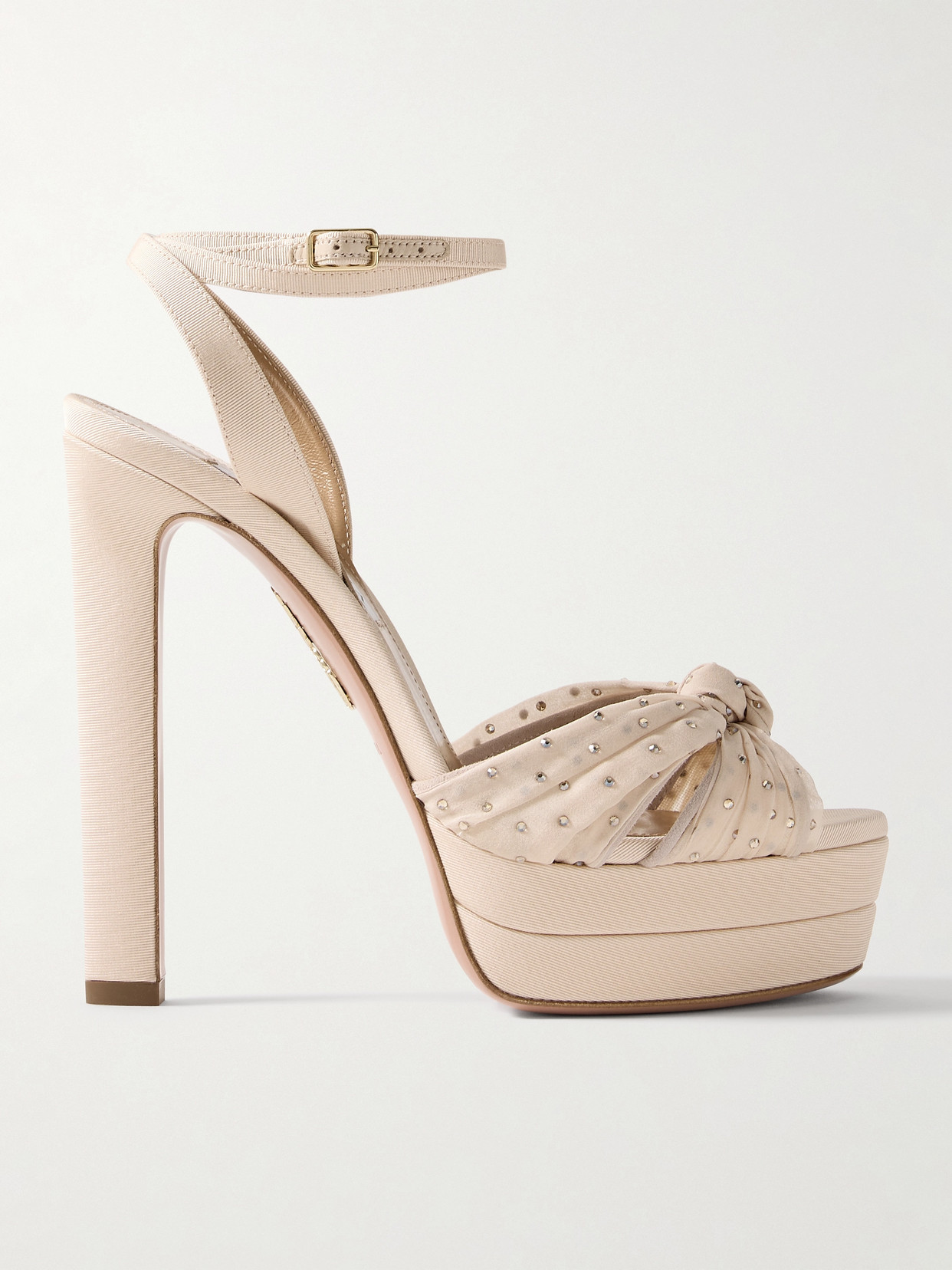 Aquazzura Slow Kisses 130 Crystal-embellished Chiffon-trimmed Grosgrain Platform Sandals In Neutrals