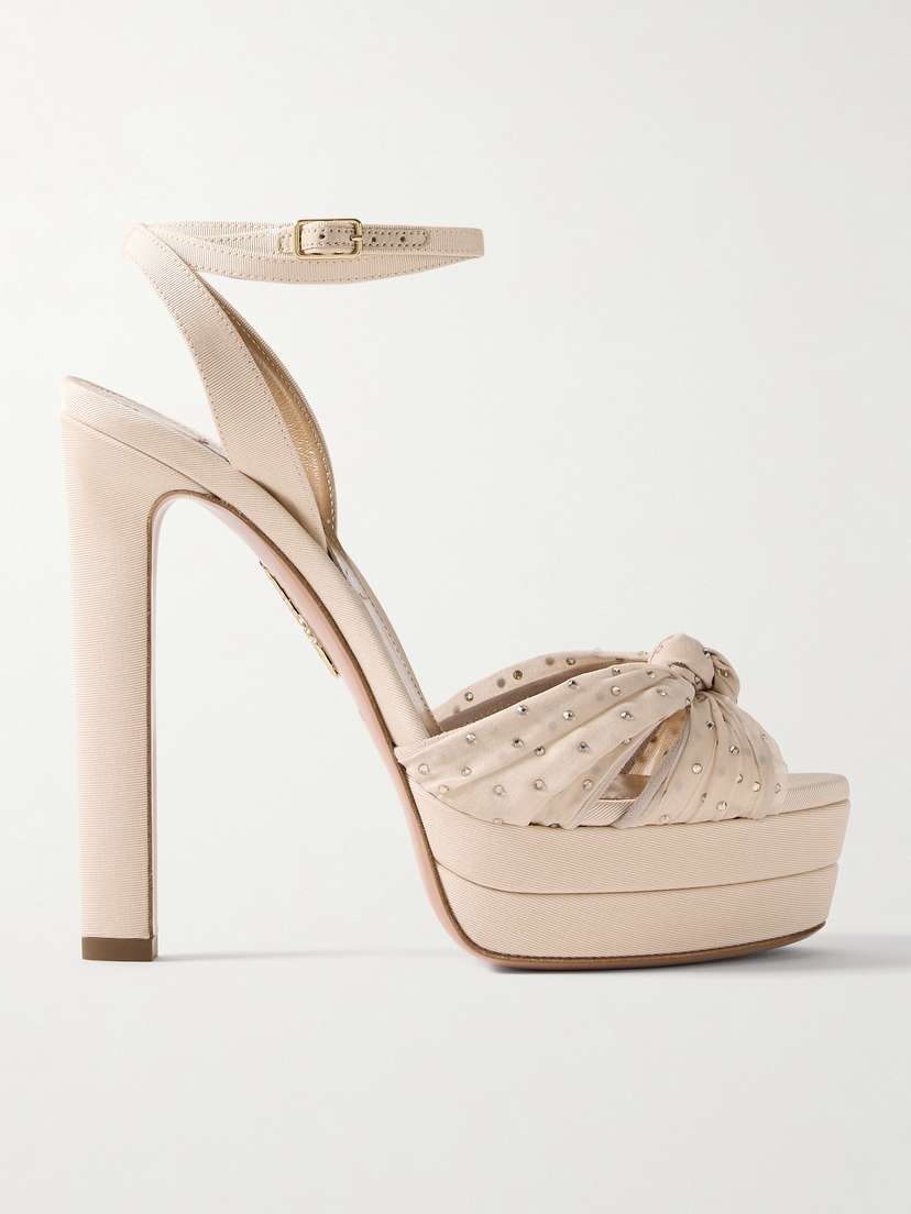 Aquazzura Slow Kisses 130 Crystal-embellished Chiffon-trimmed Grosgrain Platform Sandals