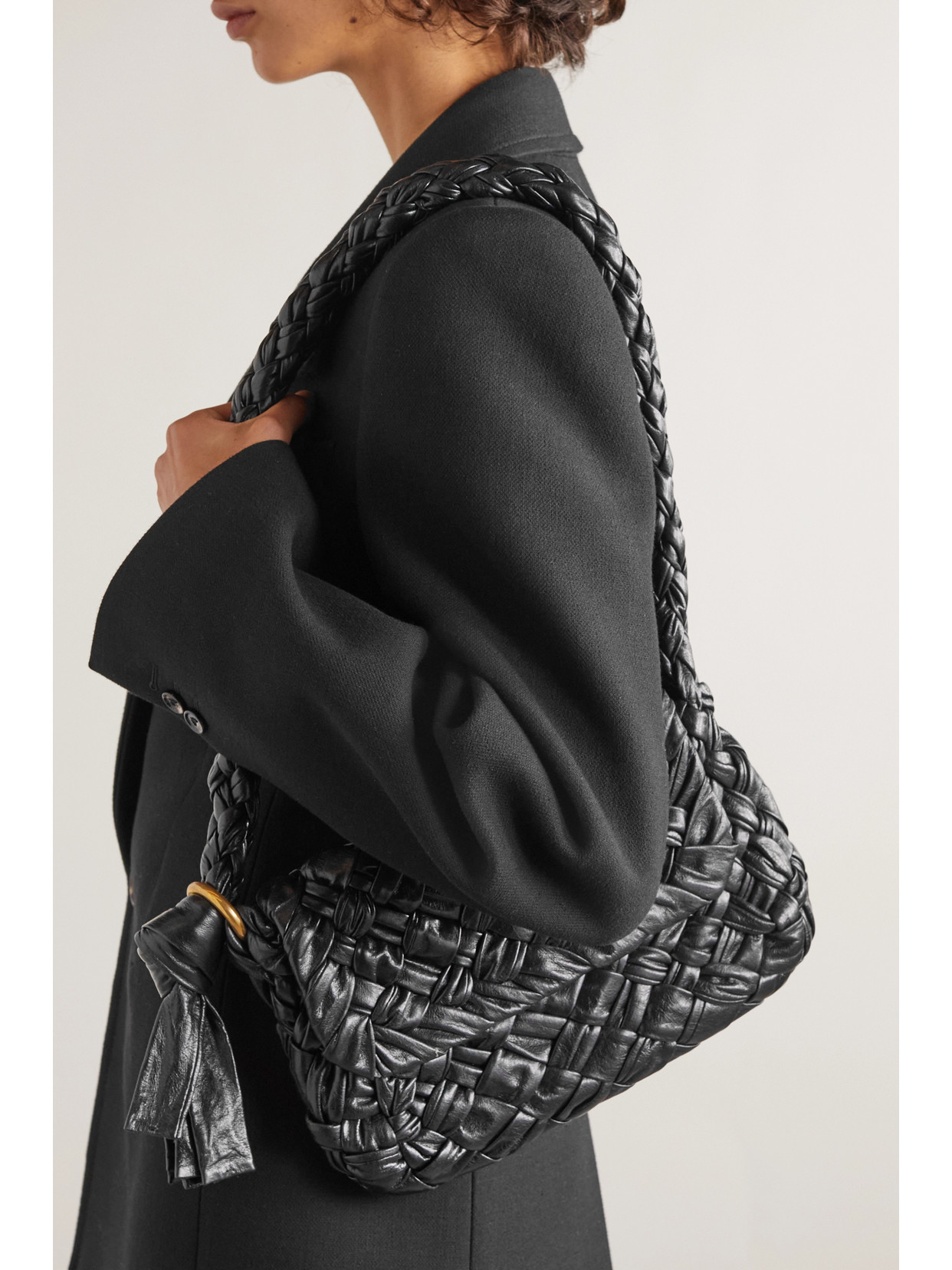 BOTTEGA VENETA KALIMERO CITTÀ GATHERED INTRECCIATO LEATHER SHOULDER BAG 
