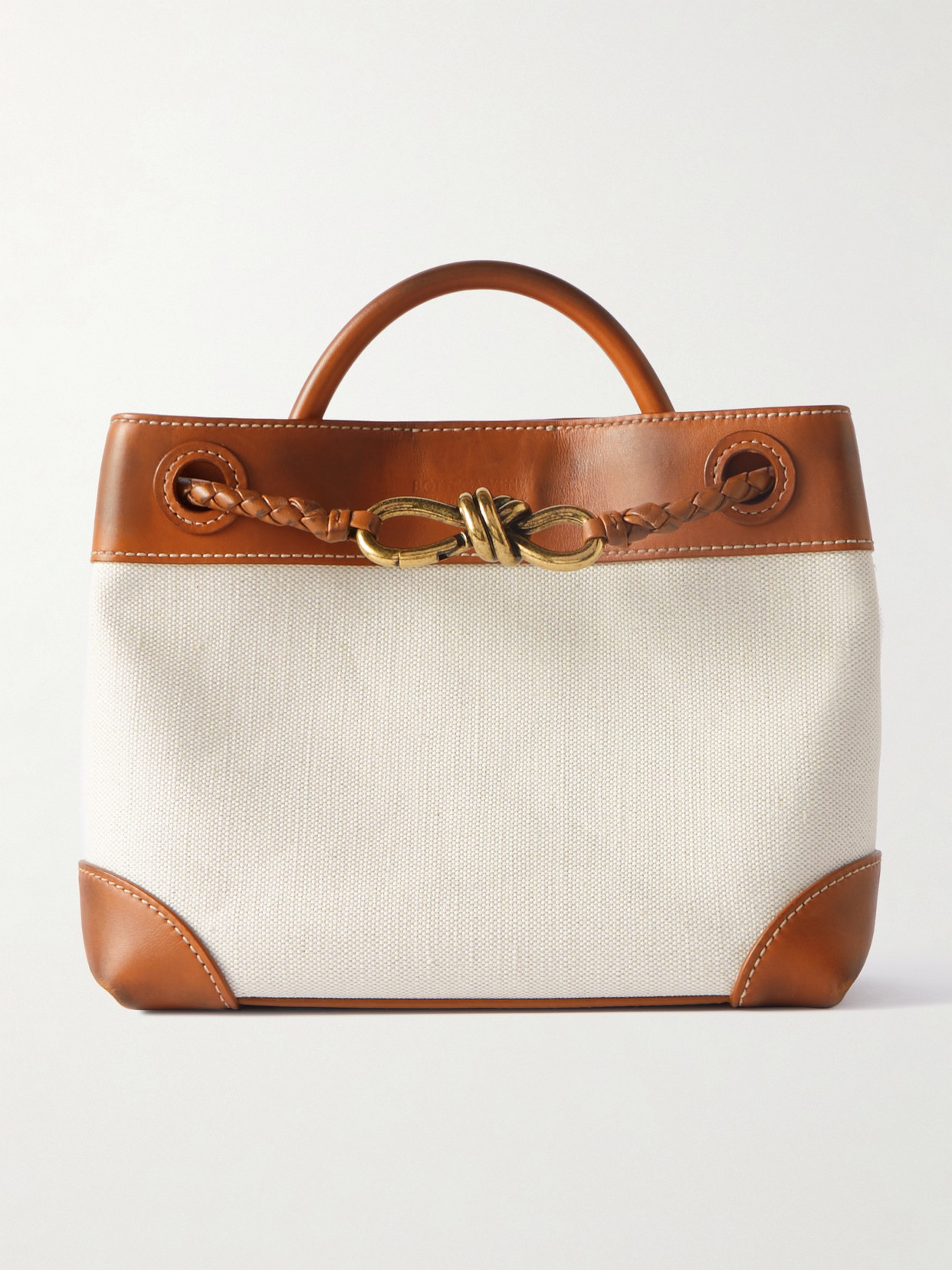 Bottega Veneta Andiamo Small Embellished Leather-trimmed Canvas Tote In Neutrals