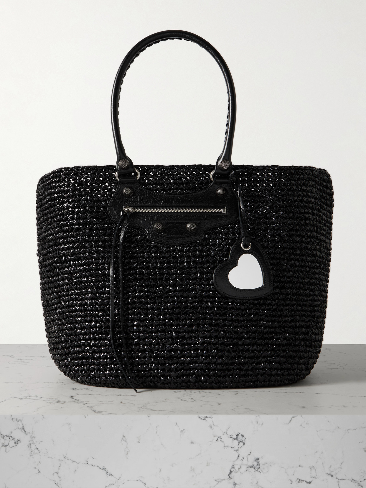 Balenciaga Le Cagole Panier Embellished Woven Patent-leather Tote In Black