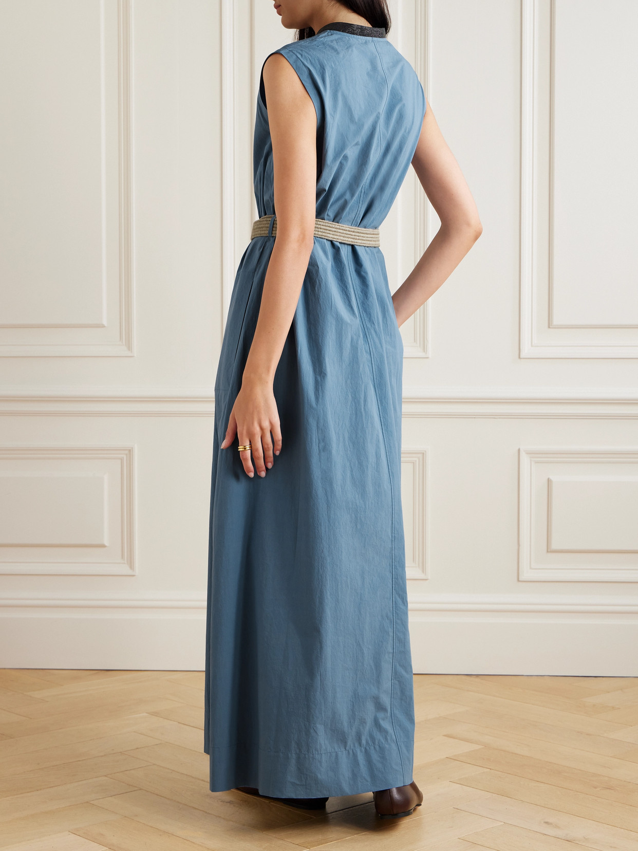 Brunello Cucinelli Belted Embellished Cotton-poplin Maxi Dres In Blue