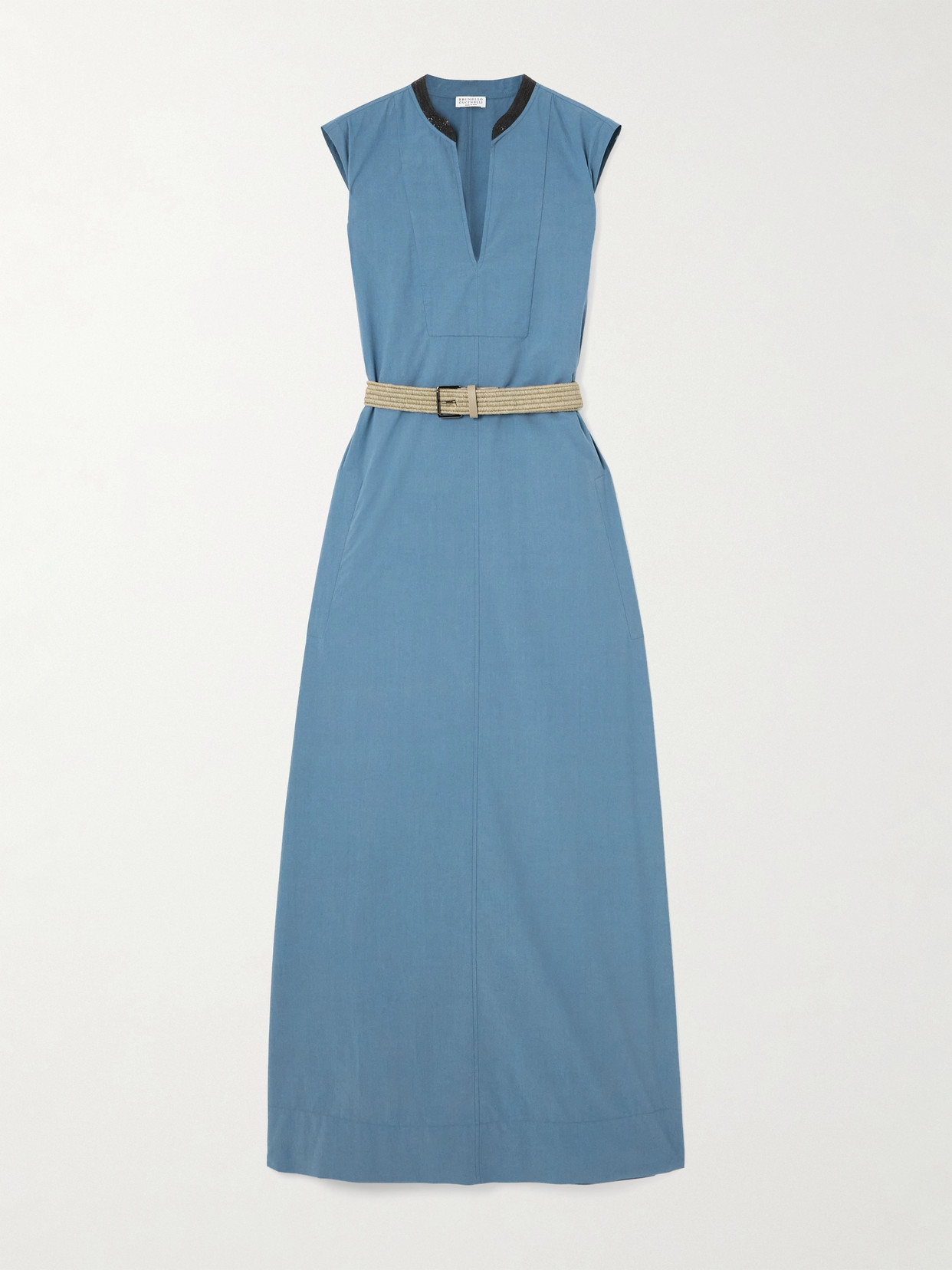 Brunello Cucinelli Belted Embellished Cotton-poplin Maxi Dres In Blue