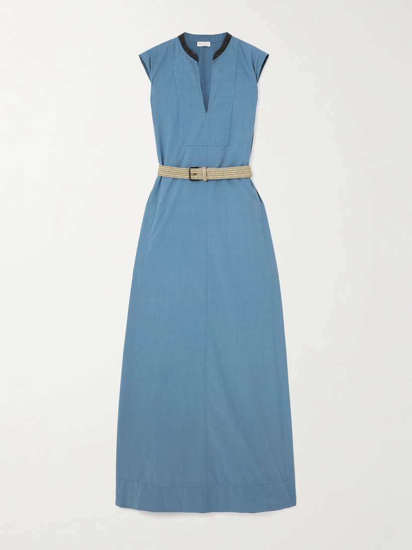 Brunello Cucinelli Belted Embellished Cotton-poplin Maxi Dress