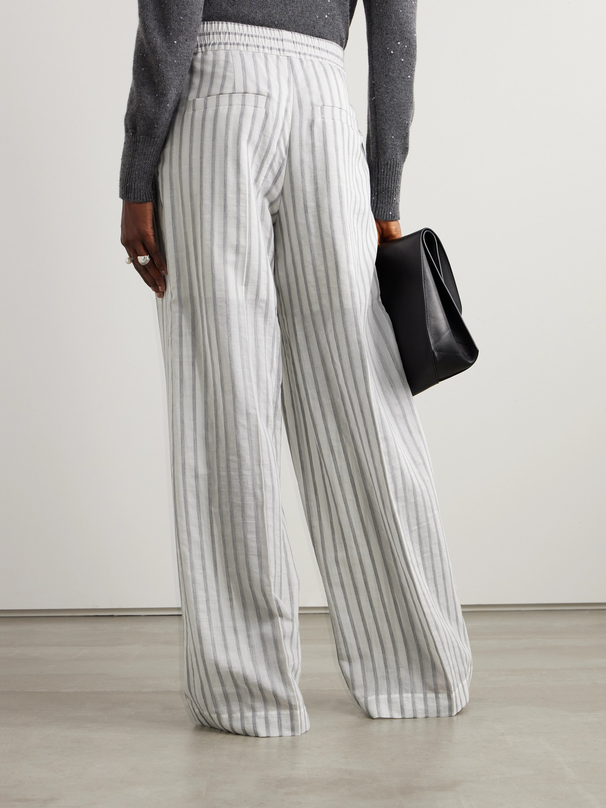 Brunello Cucinelli Pleated Striped Cotton And Silk-blend Wide-leg Pants In Gray
