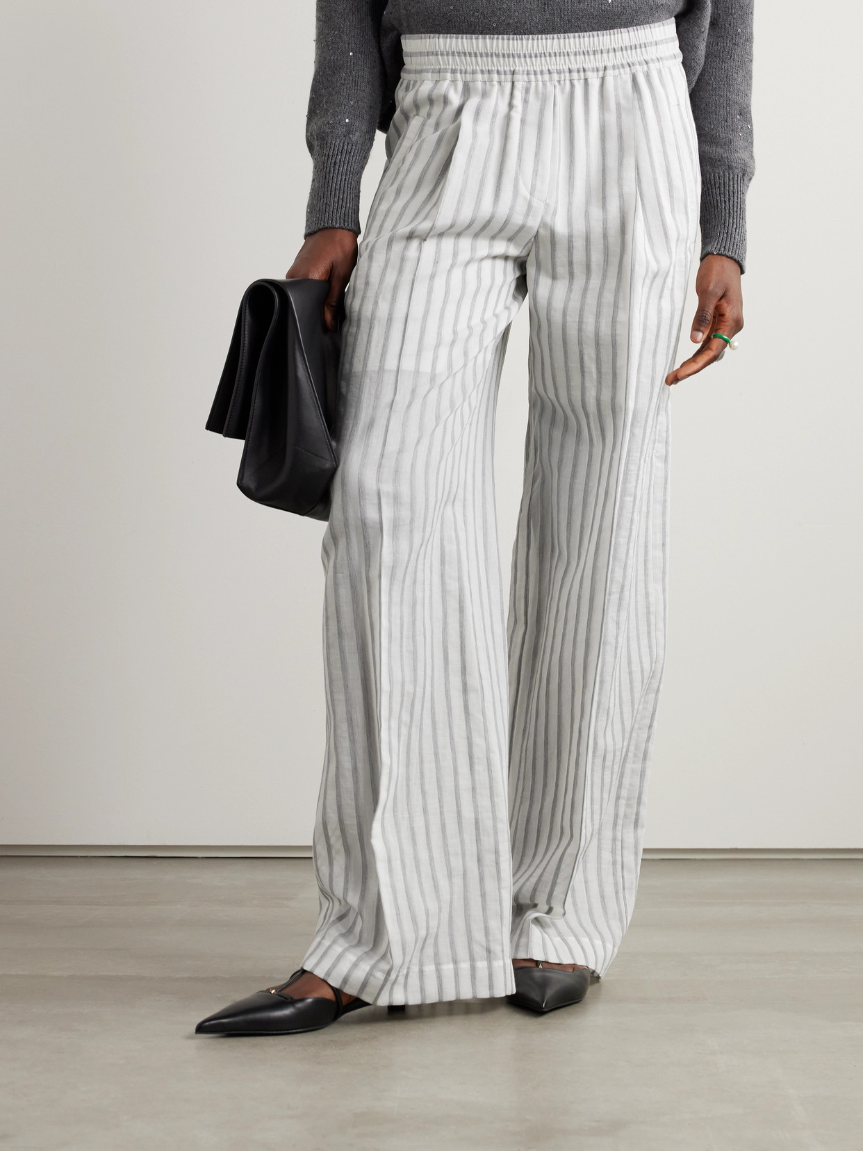 Brunello Cucinelli Pleated Striped Cotton And Silk-blend Wide-leg Pants In Gray