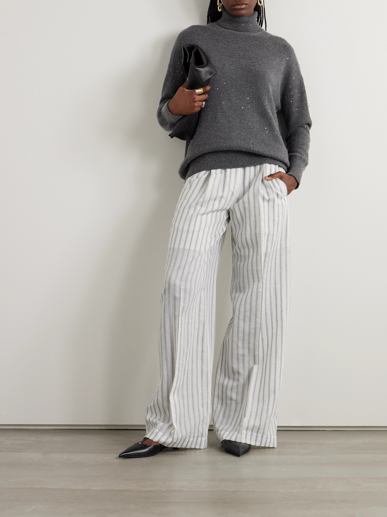 Brunello Cucinelli Pleated Striped Cotton And Silk-blend Wide-leg Pants In Gray