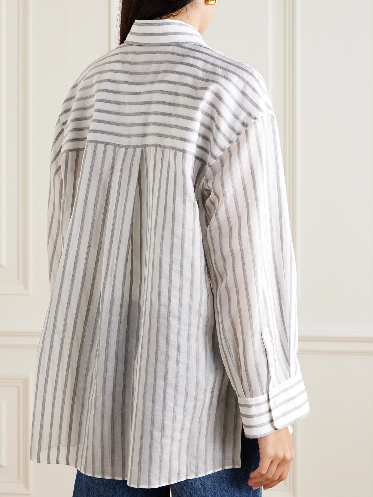Brunello Cucinelli Oversized Embellished Striped Cotton-gauze Shirt In White