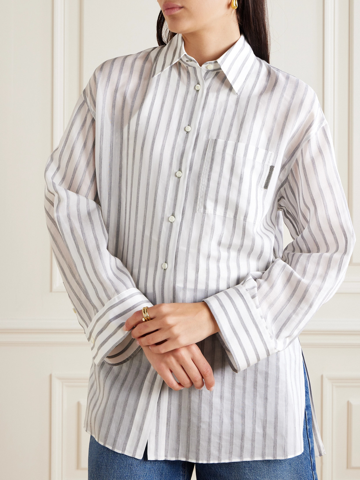 Brunello Cucinelli Oversized Embellished Striped Cotton-gauze Shirt In White