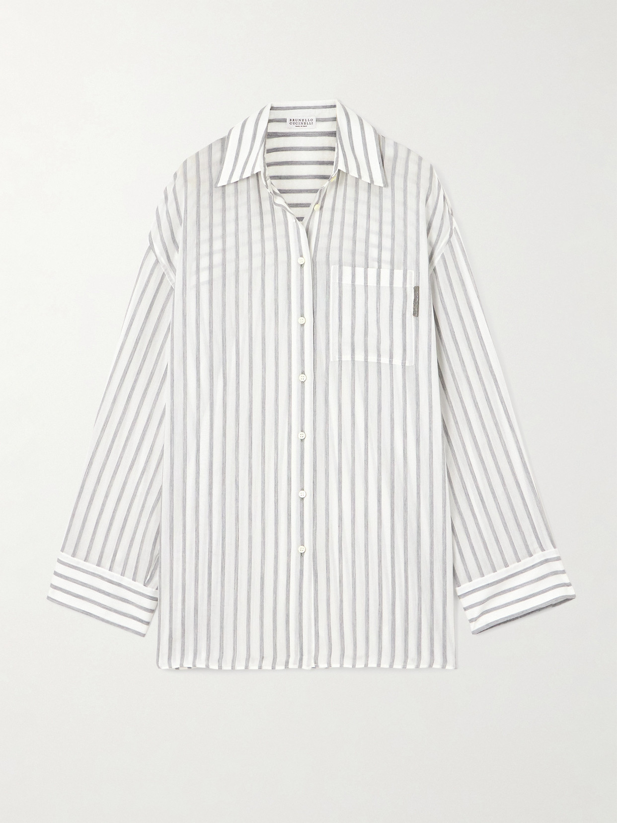 Brunello Cucinelli Oversized Embellished Striped Cotton-gauze Shirt In White