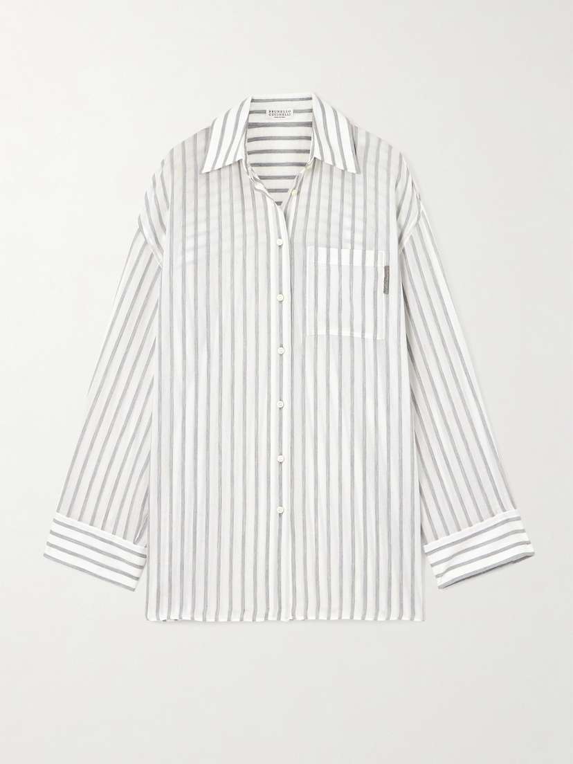 Brunello Cucinelli Oversized Embellished Striped Cotton-gauze Shirt