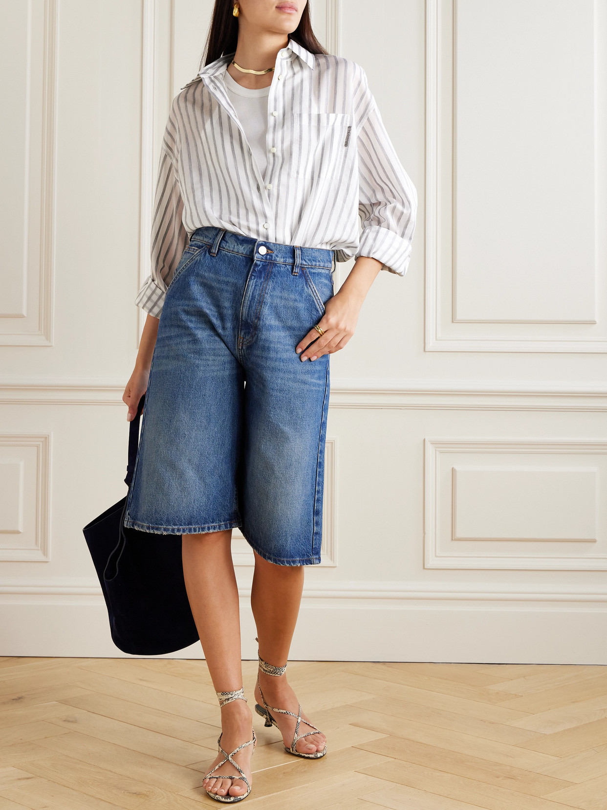 Brunello Cucinelli Oversized Embellished Striped Cotton-gauze Shirt In White