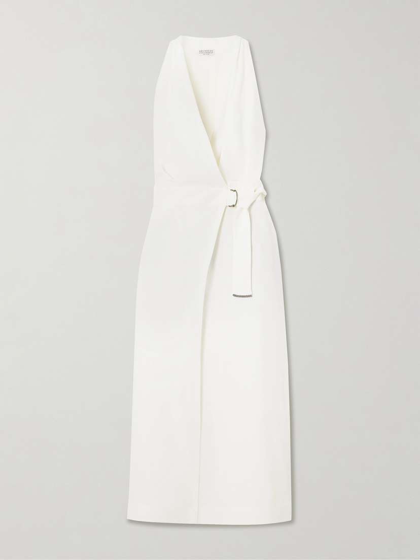 Brunello Cucinelli Belted Bead-embellished Draped Crepe Wrap Midi Dress - x large