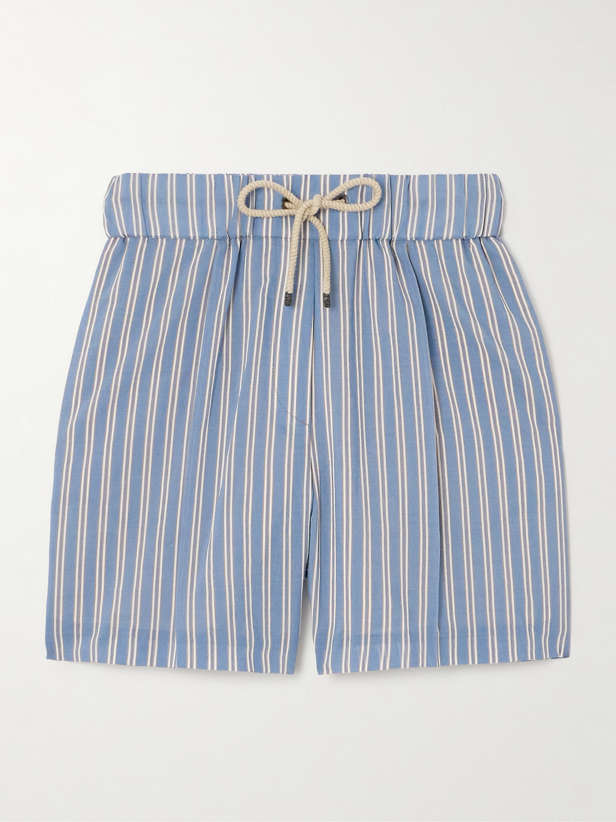 Brunello Cucinelli Pleated Striped Cotton And Silk-blend Shorts In Blue