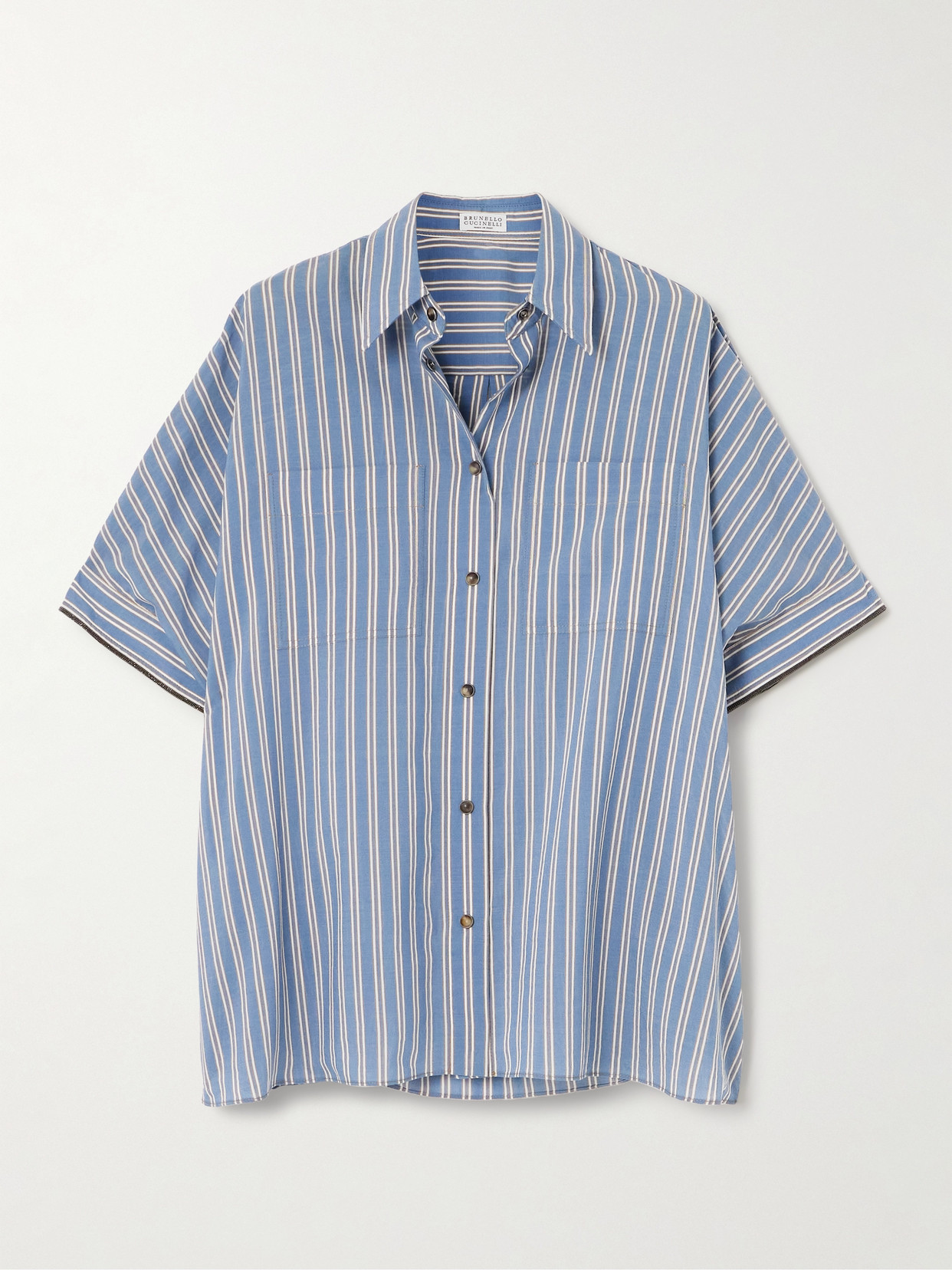 Brunello Cucinelli Striped Bead-embellished Cotton And Silk-blend Shirt In Blue