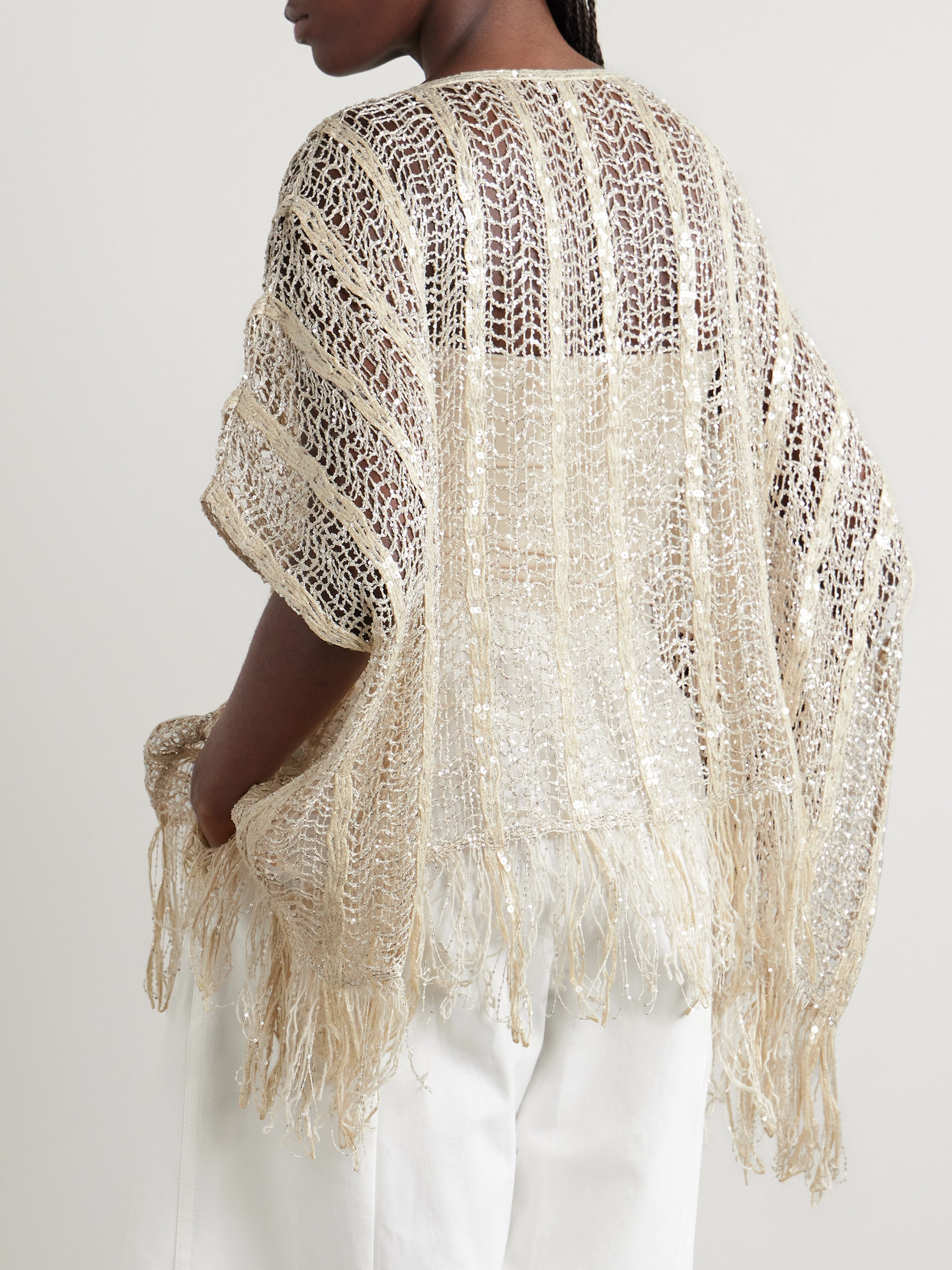 BRUNELLO CUCINELLI FRINGED SEQUIN-EMBELLISHED OPEN-KNIT TOP