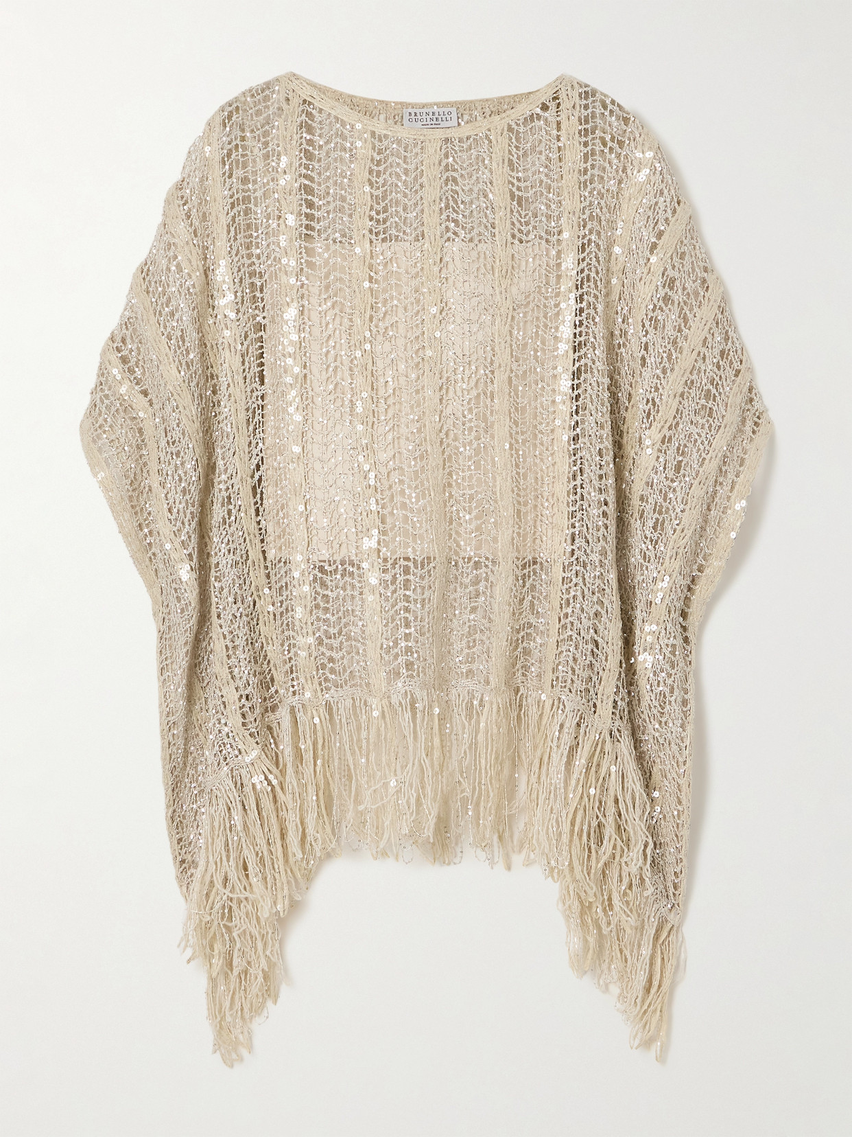 Brunello Cucinelli Fringed Sequin-embellished Open-knit Top In Neutrals