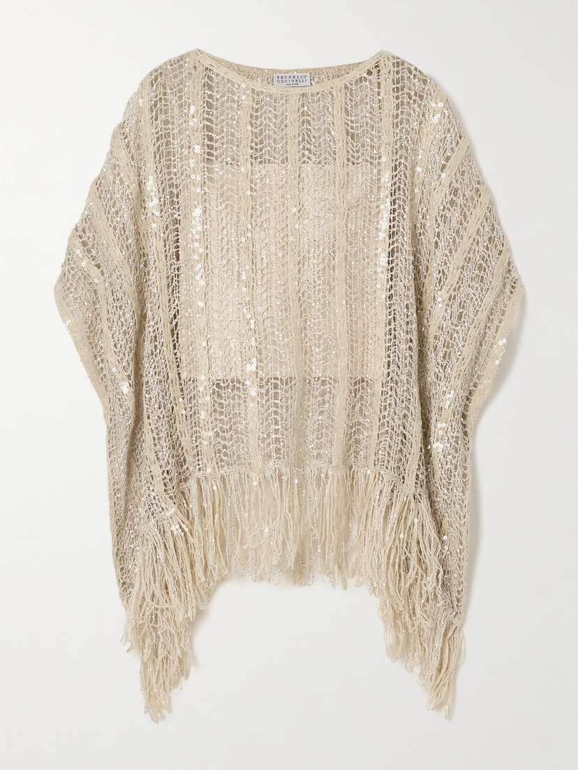 Brunello Cucinelli — Fringed sequin-embellished open-knit top