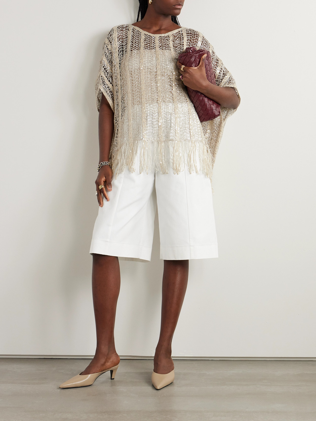 BRUNELLO CUCINELLI FRINGED SEQUIN-EMBELLISHED OPEN-KNIT TOP