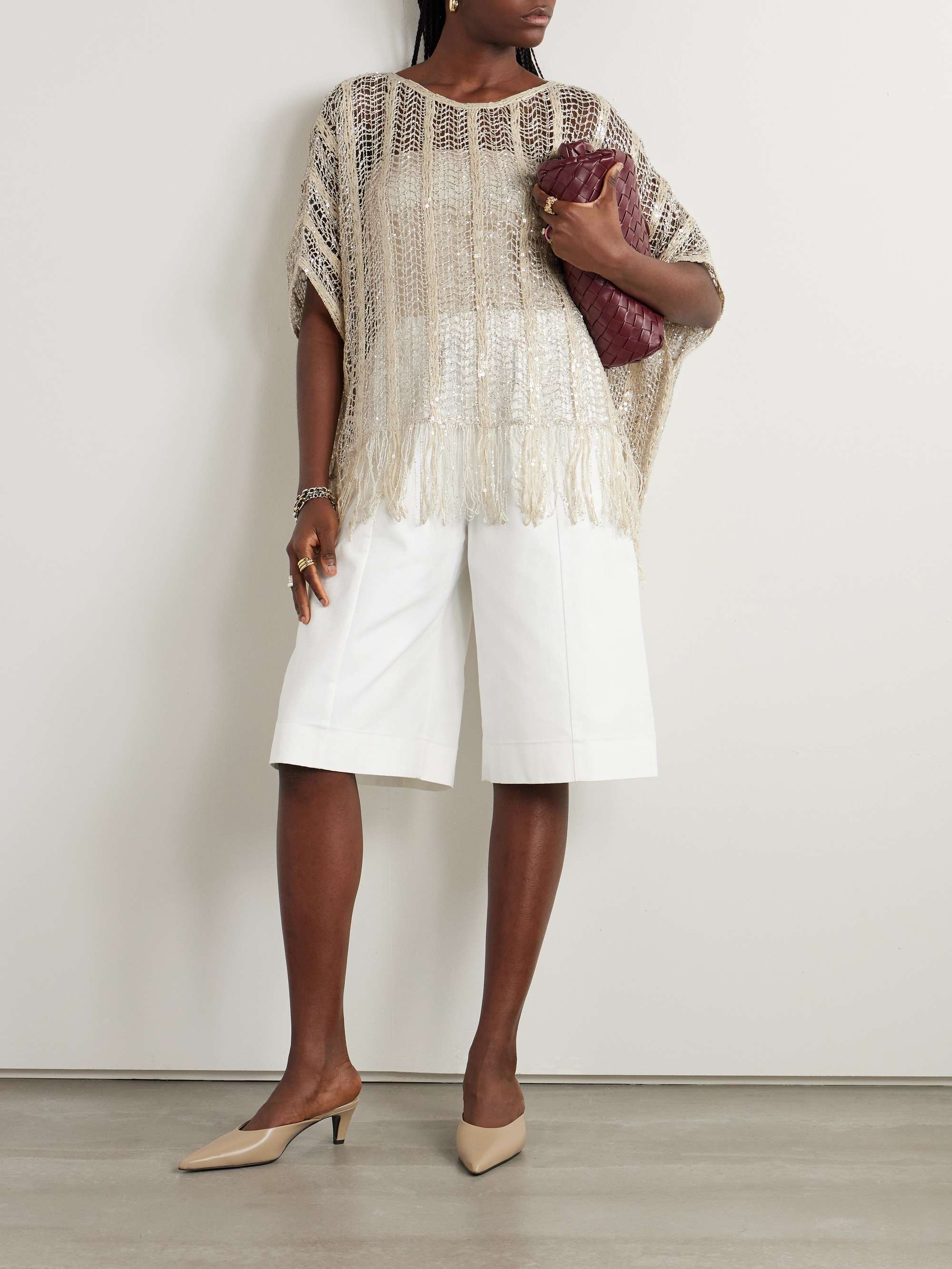 BRUNELLO CUCINELLI Fringed sequin-embellished open-knit top BRUNELLO CUCINELLI Fringed sequin-embellished open-knit top