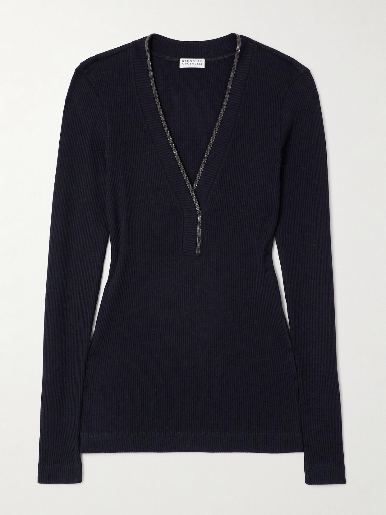 Brunello Cucinelli - Bead-emebellished Ribbed Wool Sweater - Blue