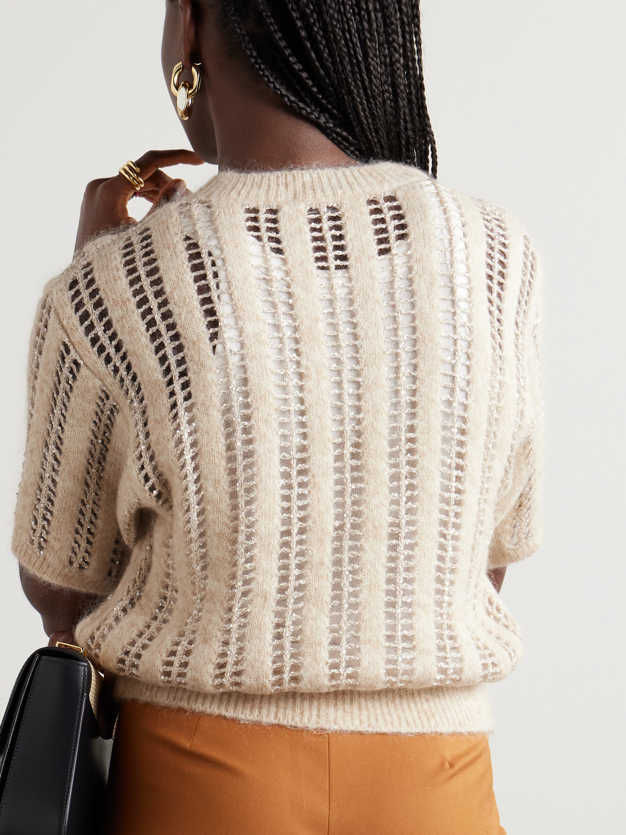 Brunello Cucinelli Sequin-embellished Open-knit Wool And Mohair-blend Sweater In Neutrals