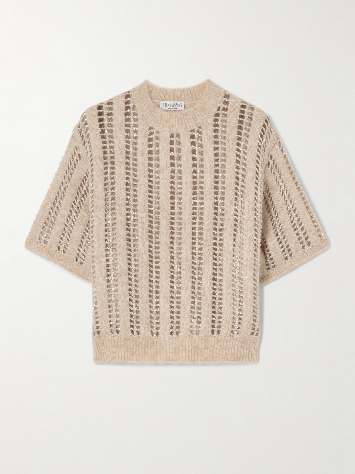 Brunello Cucinelli Sequin-embellished Open-knit Wool And Mohair-blend Sweater In Beige