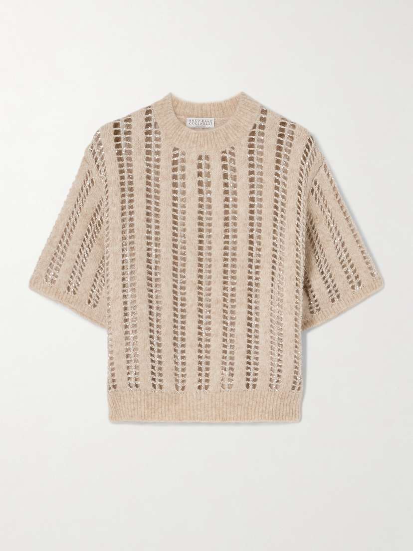 Brunello Cucinelli Sequin-embellished Open-knit Wool And Mohair-blend Sweater